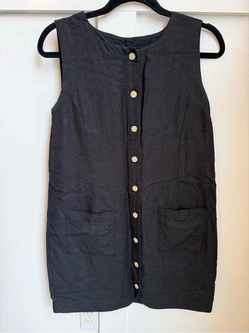 LOFT Black Button-Front A-Line Jumper Dress Shift Linen 4